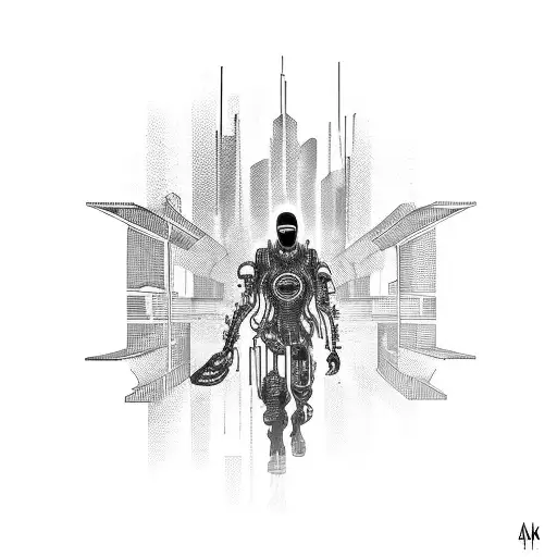 Cyberpunk Cityscape With A Biomechanical Cyborg Walking Through It