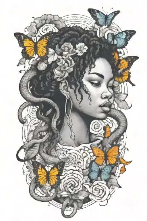Afro Woman Surrounded By Snakes And Butterflies