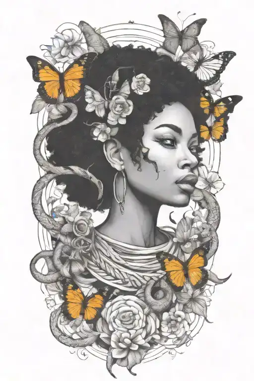 Afro Woman Surrounded By Snakes And Butterflies
