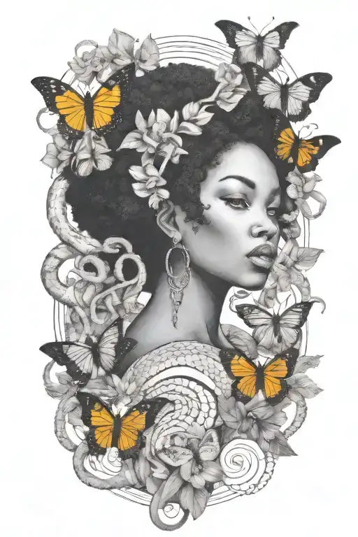 Afro Woman Surrounded By A Lot Of Snakes And Butterflies