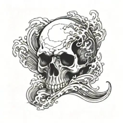 A Skull Made Of Blackwork Waves Crashing Against A Rocky Shore
