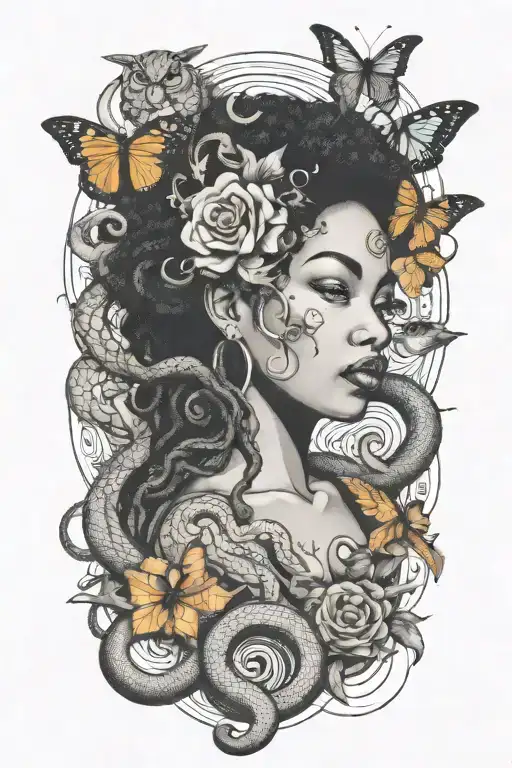 Afro Woman Surrounded By Snakes