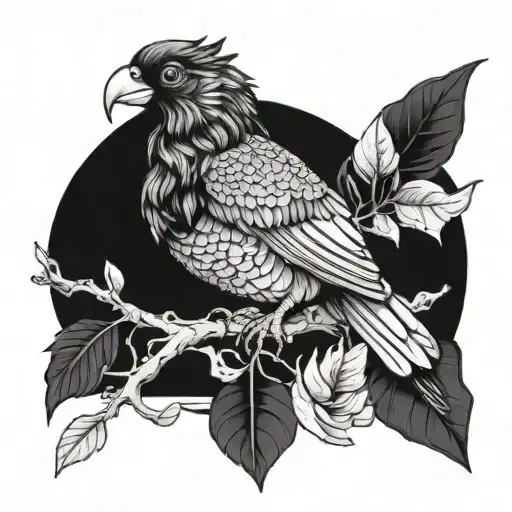 A Surrealistic Blackwork Tattoo Of A Majestic Perico Bird Perched On A Bed Of Cocaina Leaves