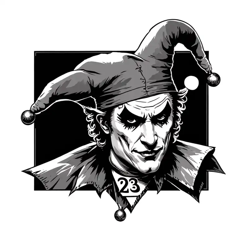 A Jester With A Fether In His Cap And The Number 23 Tattood On His Face