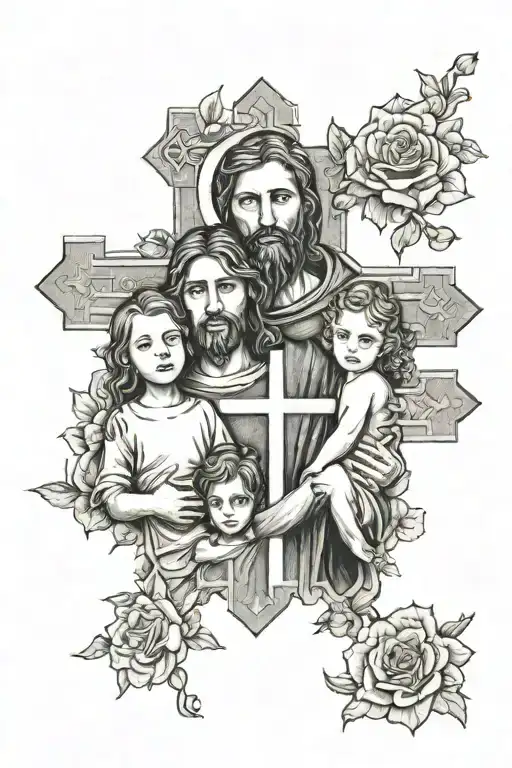 Mom And Dad With Son And Daughter Looking In Jesus At Cross
