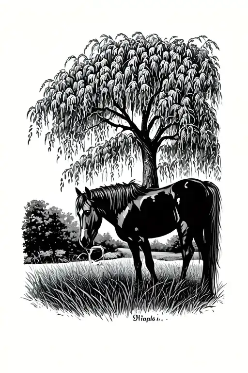 Horse Eating Grass Outside Under Willow Tree Nature Around