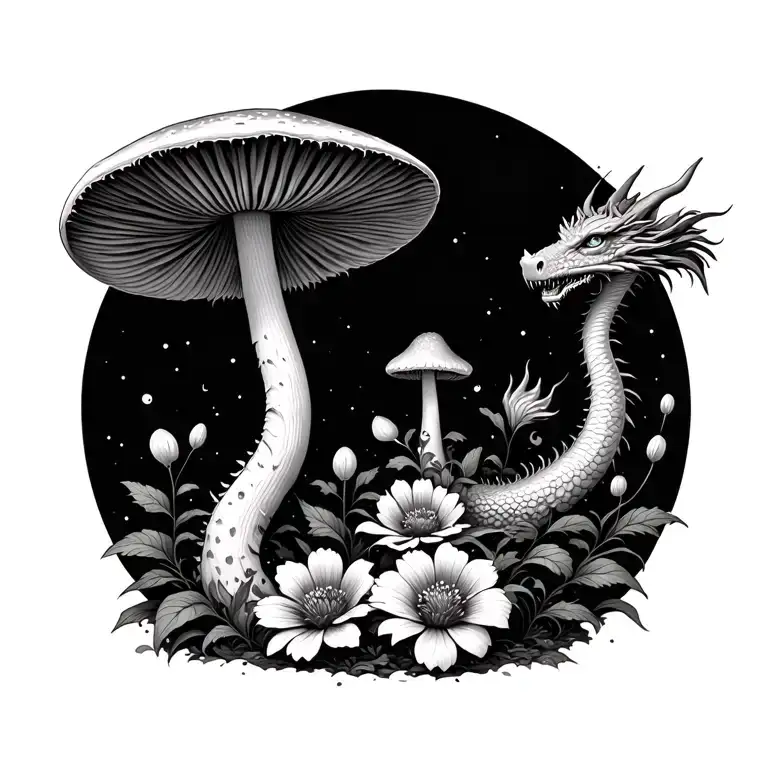 Mushroom And Flowers And Dragon