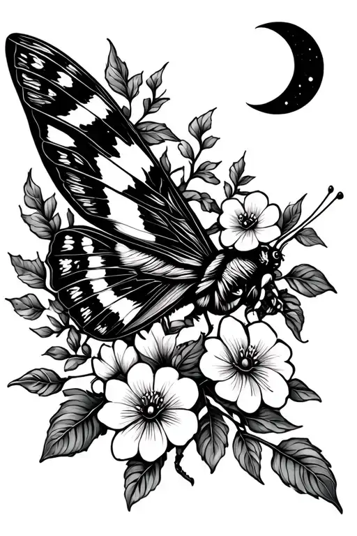 Long Tailed Leaf Moth With Flowers And A Moon