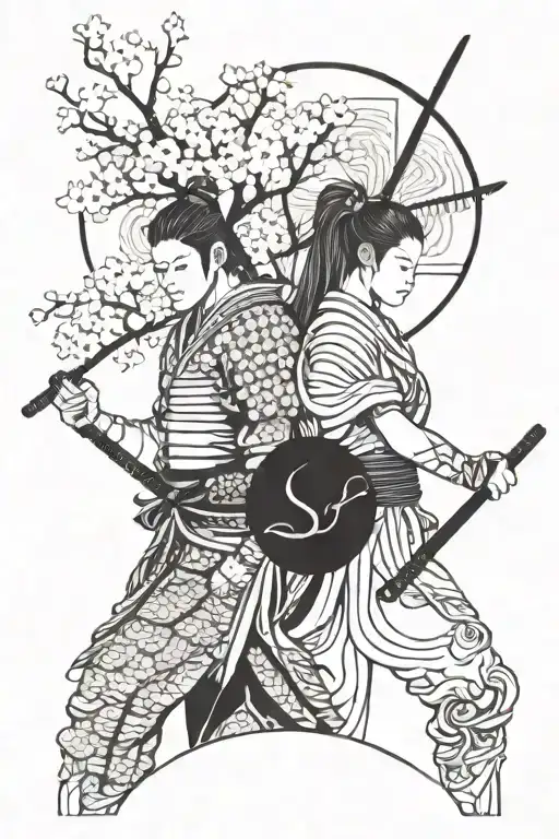 Samurai Warrior And Girl With Sakura Tree