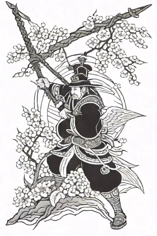 Chinese Warrior With A Crane And Cherry Blossoms Falling