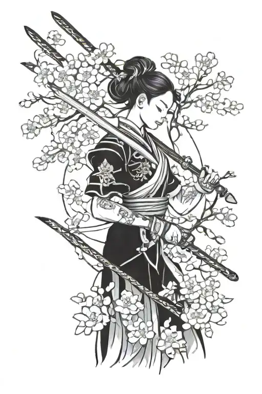 Female Chinese Warrior With Sword And Cherry Blossoms