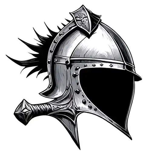 In The Style Of Sketch Tattoo A Crusader Helmet With A Handle Of A Sword