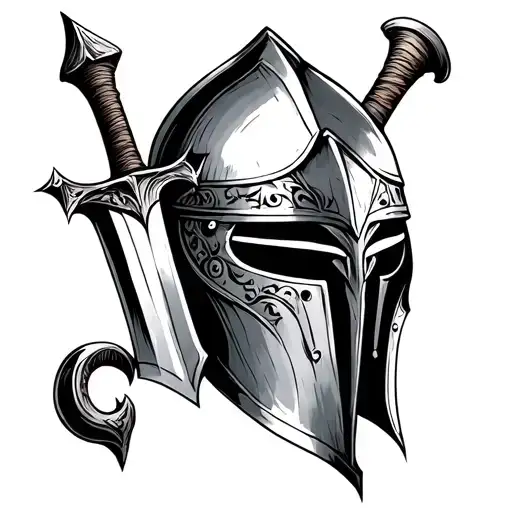 In The Style Of Sketch Tattoo A Crusader Helmet With A Handle Of A Sword