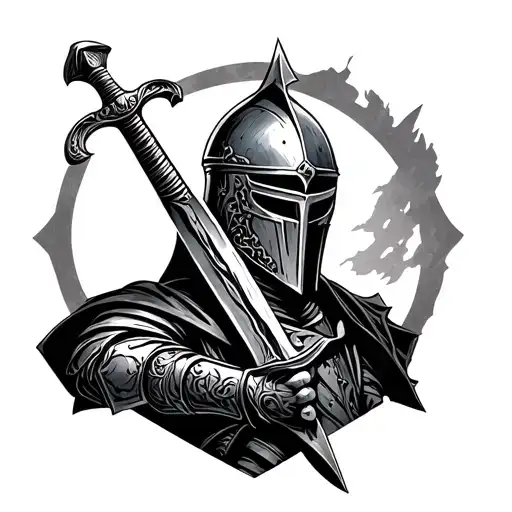 In The Style Of Sketch Tattoo A Crusader Knight With A Helmet And A Handle Of A Sword