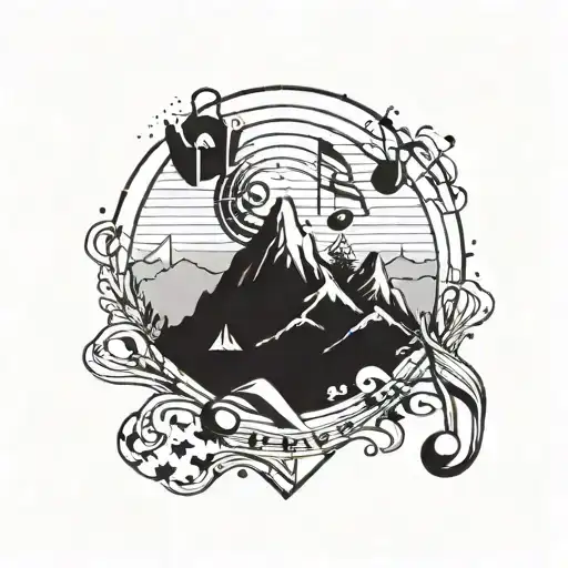 A Tattoo Design Combining Musical Notes And A Mountain Landscape
