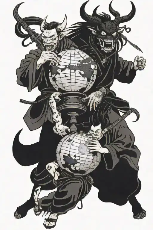 Two Japanese Demons Holding The Earth Globe From Below Together With Their Katanas Ready To Fight