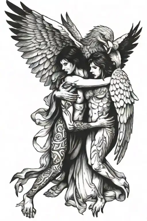 Man In Eagle Costume Hugging A Women Dressed As An Angel And Both Nude