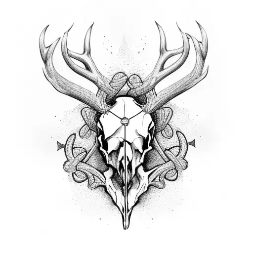 A Stylized Deer Skull With Intricate Antlers Intertwined With Hummingbirds