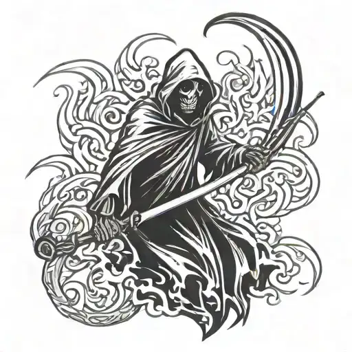 Grim Reaper With Scythe On Back And Flaming Eyes