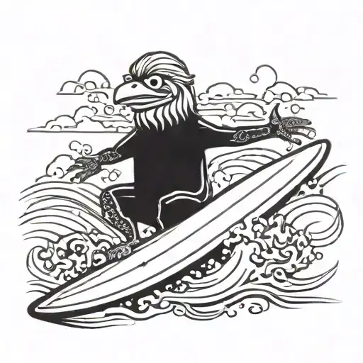 A Tattoo Of Pepe El Pollo Riding A Surfboard With Jkl On The Beach In A Blackwork Style