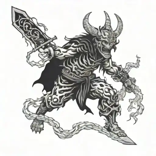 A Horror Themed Tattoo With A Japanese Demon And Berserk Elements In A Blackwork Style