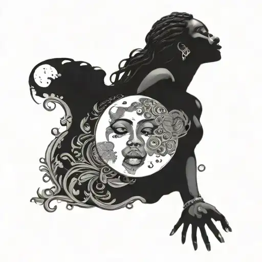 Black Woman Croslegged Looking Up At The Moon Surrounded