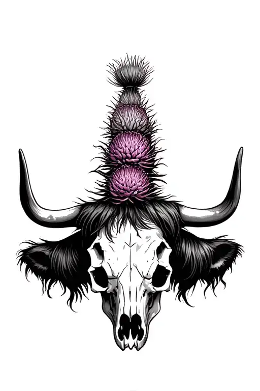 Highland Cow Skull With Thistles