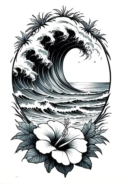 Ocean Waves Crashing On Beach With Hibiscus Flowers On The Bottom