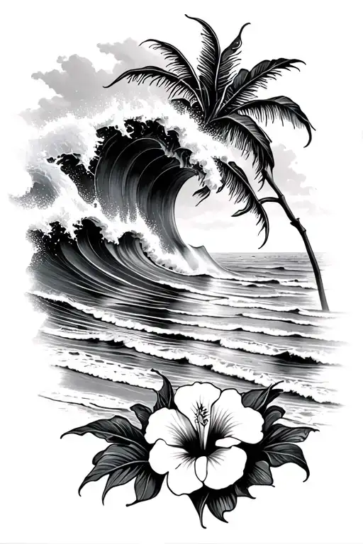 Ocean Waves Crashing On Beach With Hibiscus Flowers On The Bottom