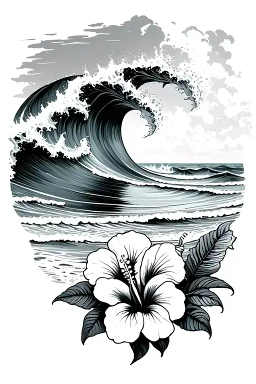 Ocean Waves Crashing On Beach With Hibiscus Flowers On The Bottom