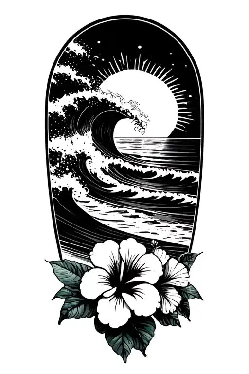 Ocean Waves Crashing On Beach With Sun Hibiscus Flowers On The Bottom