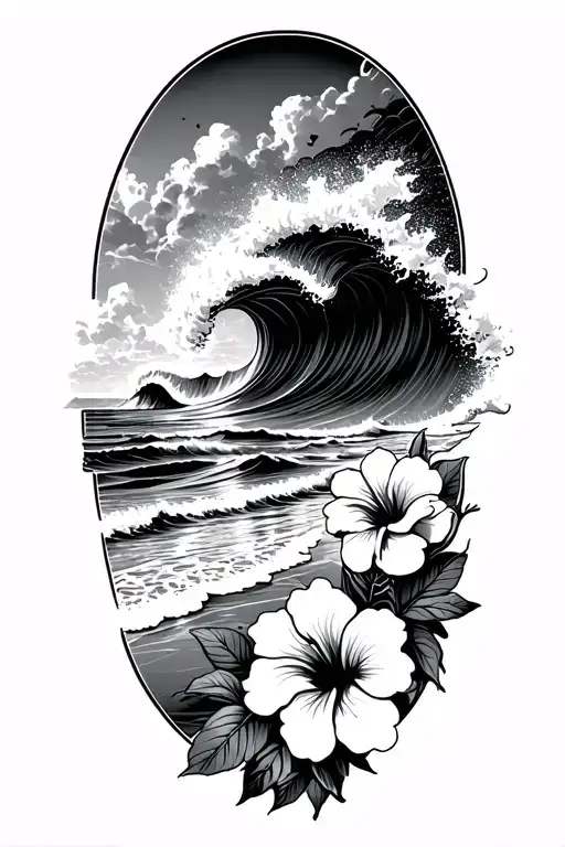 Ocean Waves Crashing On Beach With Hibiscus Flowers On The Bottom