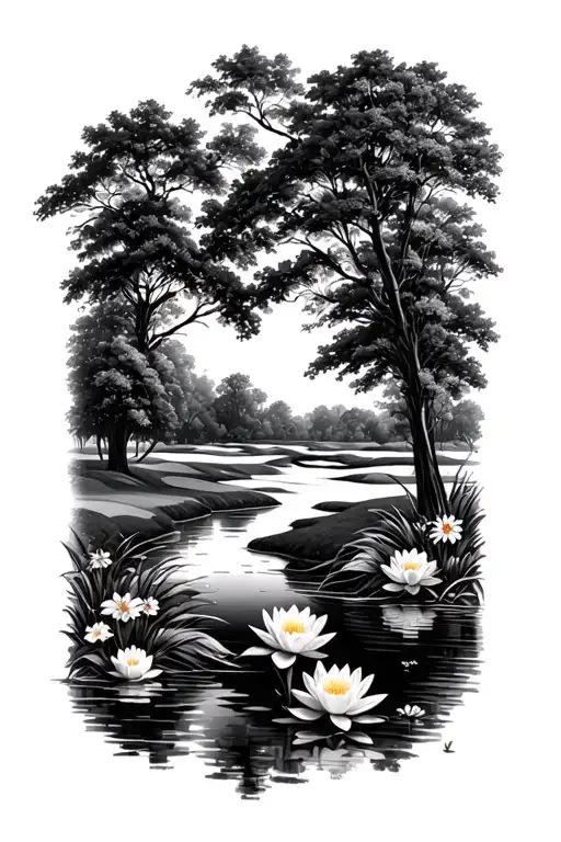 Golf Course Landscape With Flowers Trees Water Lily