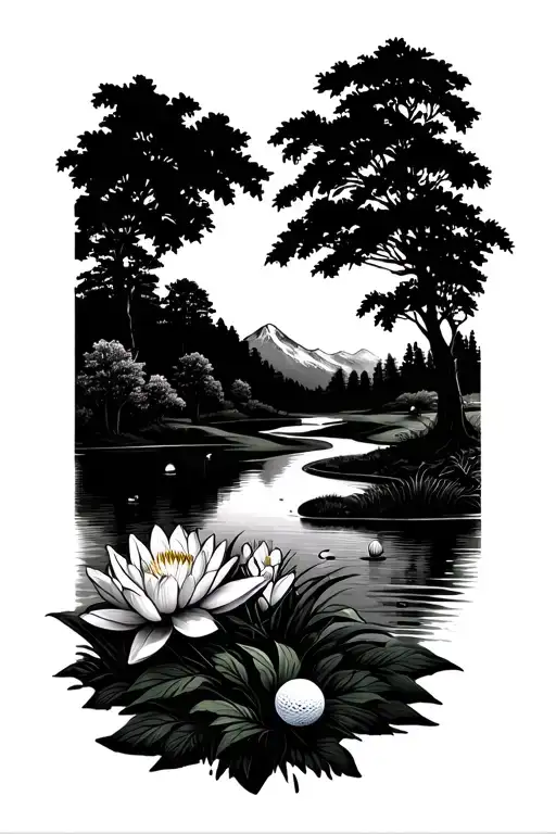 Golf Course Landscape With Golf Ball Mountain Flowers Trees Water Lily