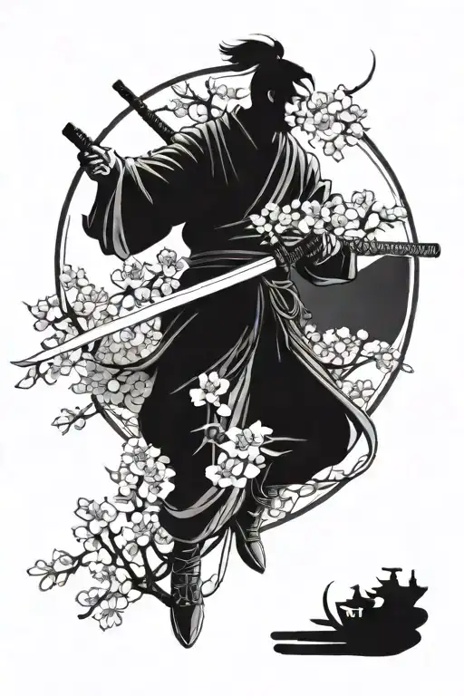 Chinese Warrior Holding A Sword With Cherry Blossoms And A Crane In The Background