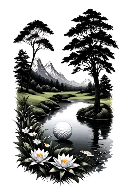 Golf Course Landscape With Golf Ball Mountain Flowers Trees Water Lily
