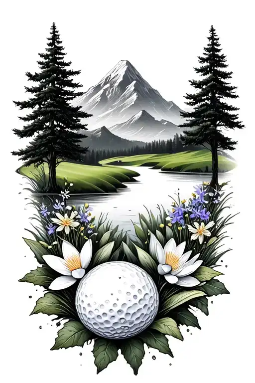 Golf Course Landscape With Golf Ball Mountain Flowers Pine Trees Water Lily Larkspur