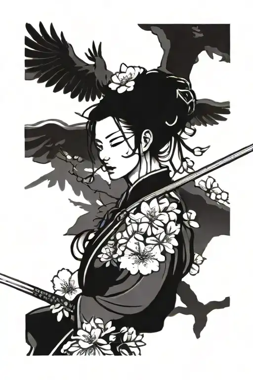 Female Chinese Warrior Holding A Sword With Cherry Blossoms And A Crane In The Background