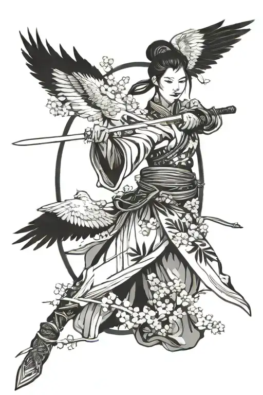 Female Chinese Warrior Holding A Sword With Cherry Blossoms And A Crane In The Background