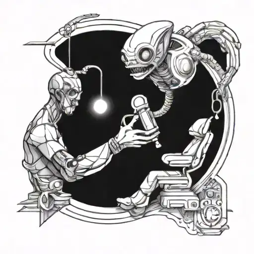 A Tattoo Design Of A Doctor Performing A Tattoo On An Alien Creature In A Futuristic Space Station