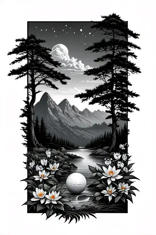 Mystical Golf Course Landscape With Golf Ball Mountain Flowers Pine Trees Water Lily Larkspur
