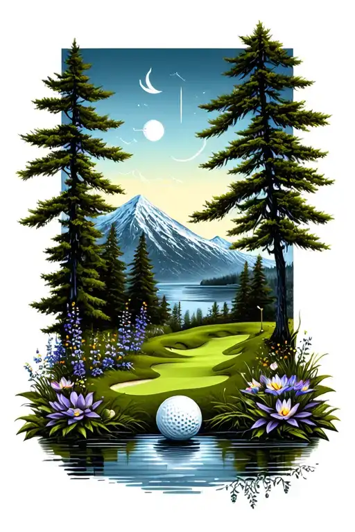 Mystical Golf Course Landscape With Golf Ball Mountain Flowers Pine Trees Water Lily Larkspur