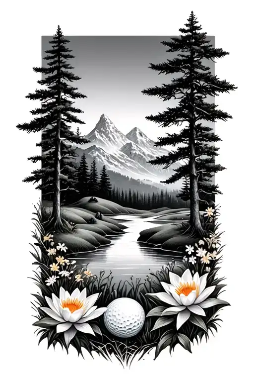 Mystical Golf Course Landscape With Golf Ball Mountain Flowers Pine Trees Water Lily Larkspur