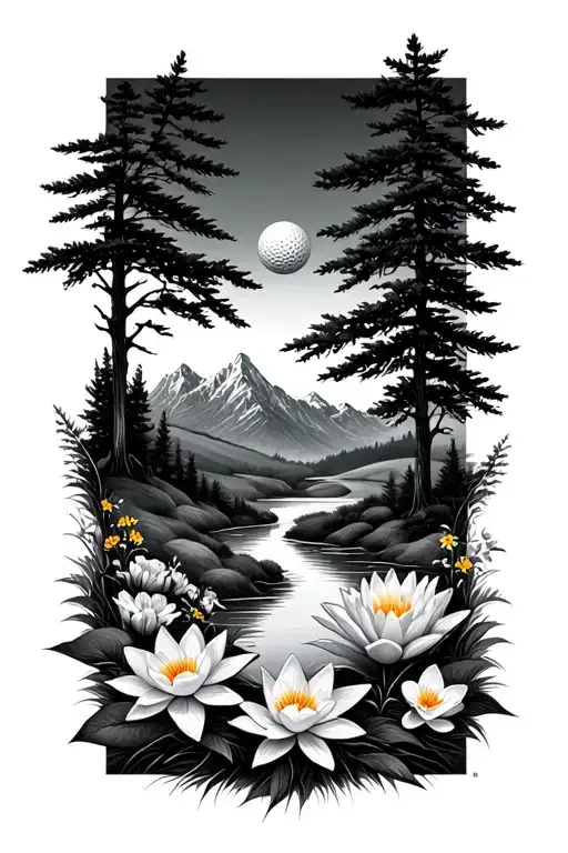 Mystical Golf Course Landscape With Golf Ball Mountain Flowers Pine Trees Water Lily Larkspur