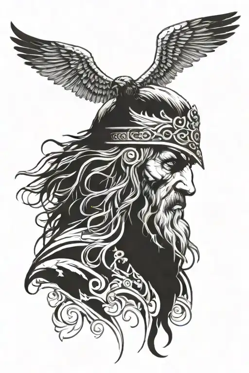 Odin Face With Crow Flying