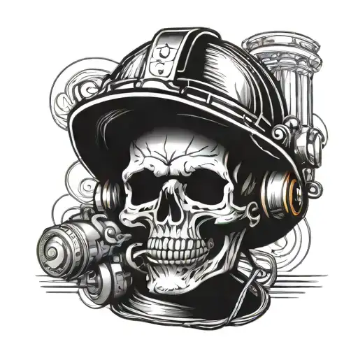Skull Wearing Underground Hard Hat With Head Lamp Shining
