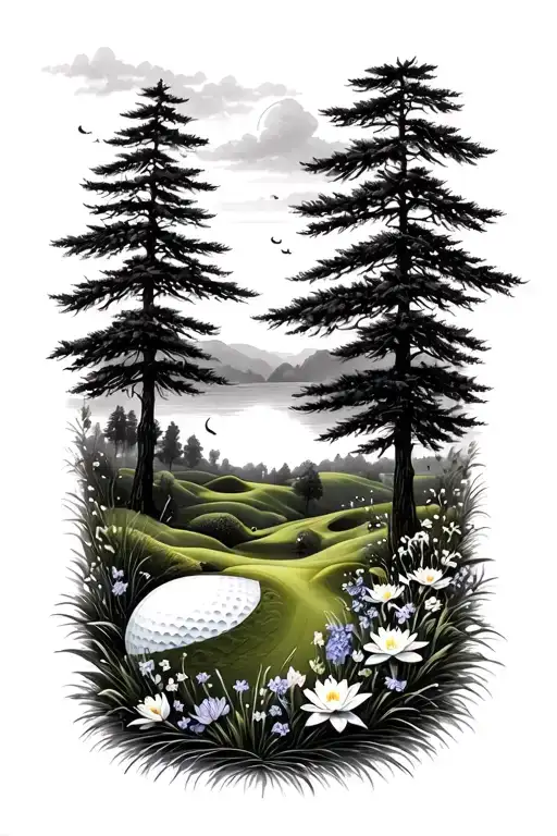 Mystical Golf Course Landscape With Golf Ball Rolling Hills Flowers Pine Trees Water Lily Larkspur