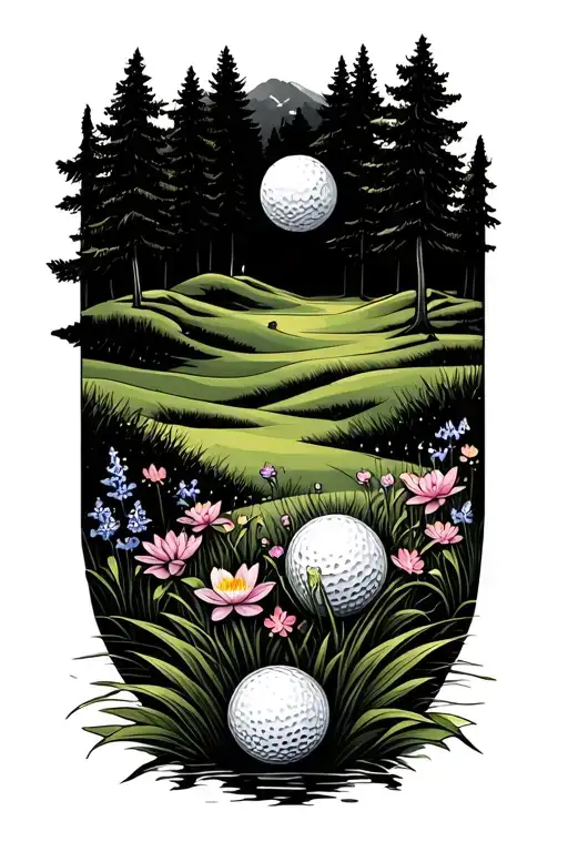 Mystical Golf Course Landscape With Golf Ball Rolling Hills Flowers Pine Trees Waterlily Larkspur