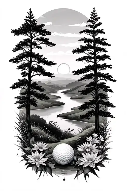 Golf Course Landscape With Golf Ball Rolling Hills Flowers Pine Trees Water Lily Larkspur Sunset