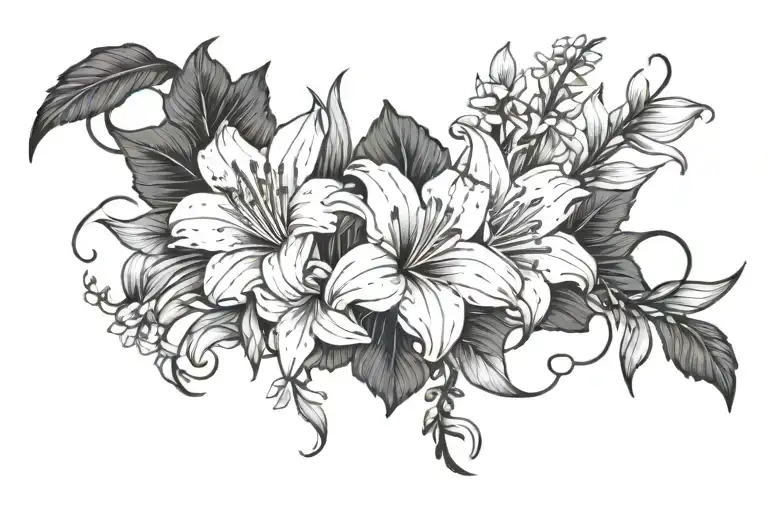 Hawaiian Flowers With Mailei Leaves Intertwined With Lilies And Sunflowers Around A Name